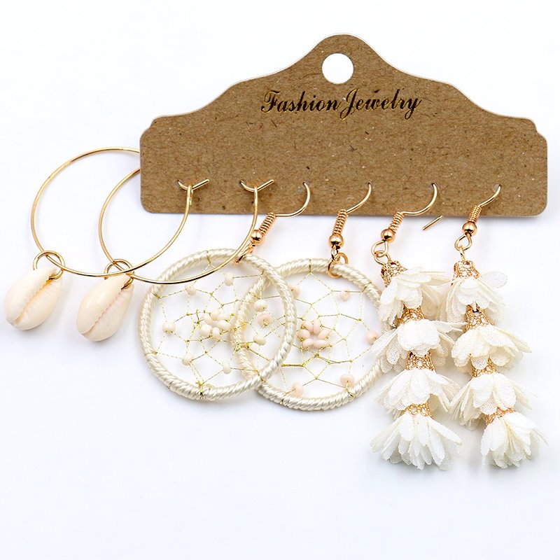 Golden shell dreamcatcher flower alloy creative ladies 3-piece earrings set
