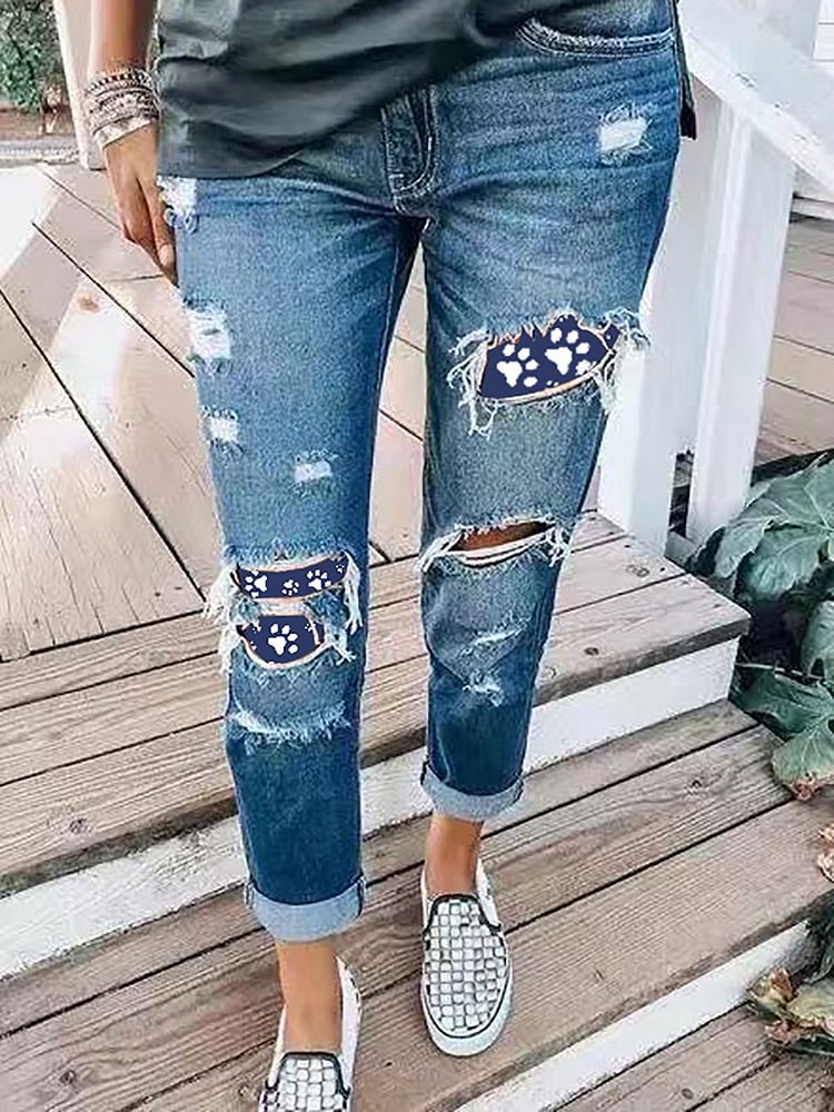 Paws Printed Women Denim ripped Jeans