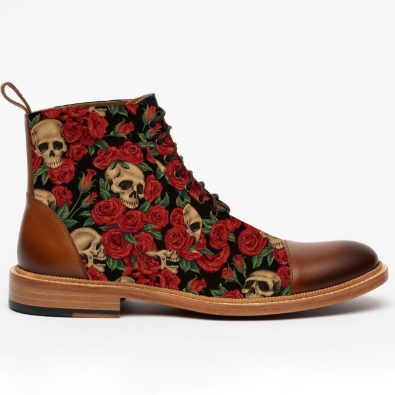Color-block rose skull printed laced fashion men's boots - Krazyskull