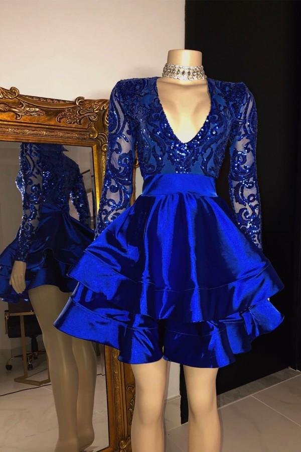 Luluslly Long Sleeves Royal Blue Sequins Prom Dress Short Party Gowns