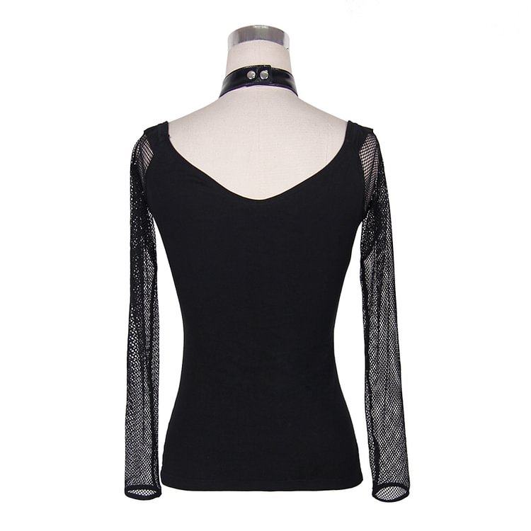 Summer Punk Big Collar Bright Leather Chocker Sexy Women T-shirt with Chain