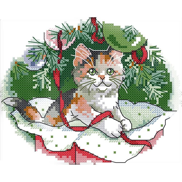 (14Ct Counted/Stamped) Christmas Cat - Cross Stitch Kit 20x17cm