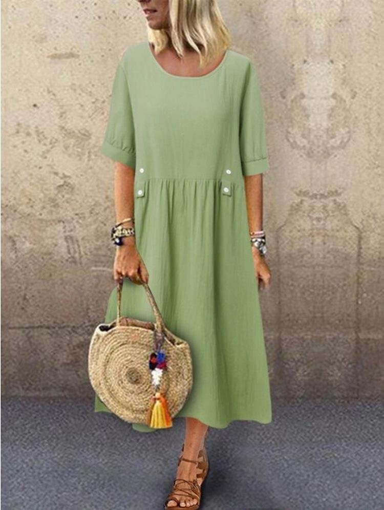 Boho Maxi Fashion Solid Round Neck Five-Quarter Sleeves Cotton Dress