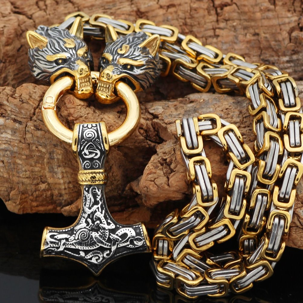 Massive Stainless Steel Wolf King Chain With Mjolnir