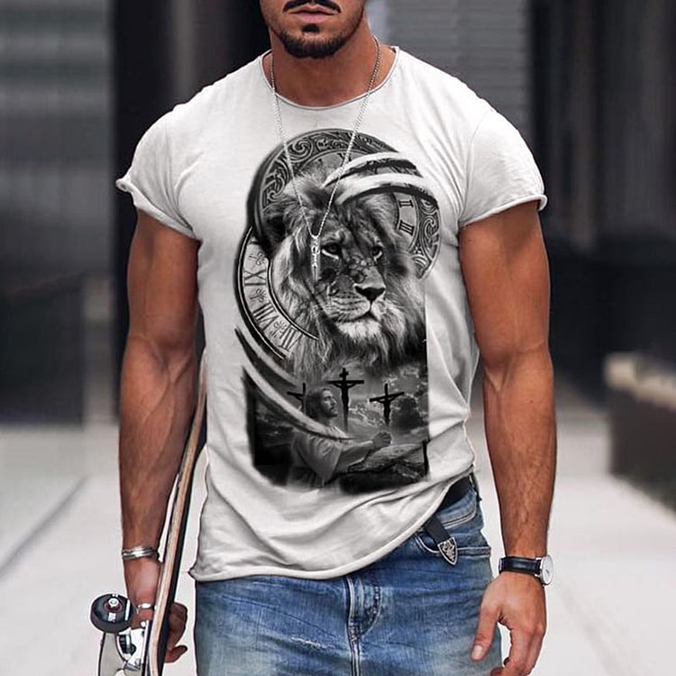 BrosWear Mens Loose Casual Jesus Lion Cozy T-Shirt