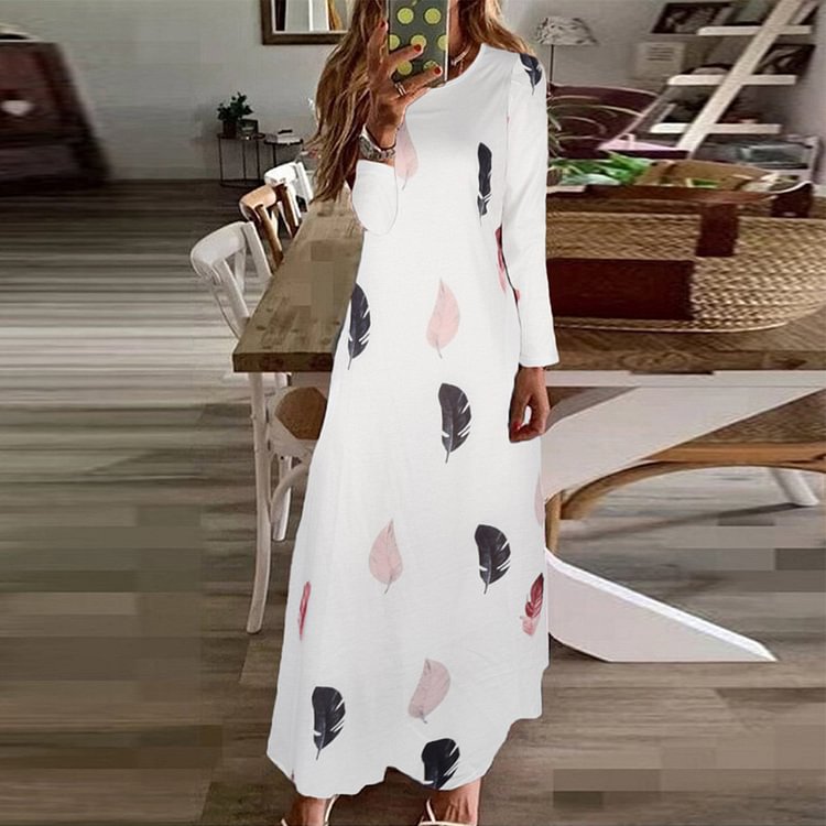 Women's Plus Size Long Sleeve Dress Casual Feather Print Maxi Dress
