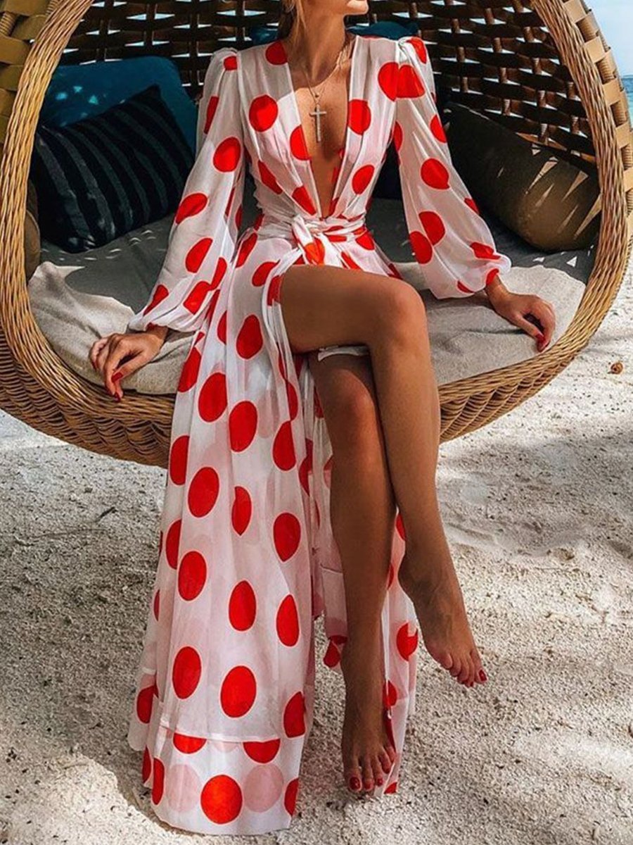 Fashion Polka Dot Long Sleeve Beach Dress P11641