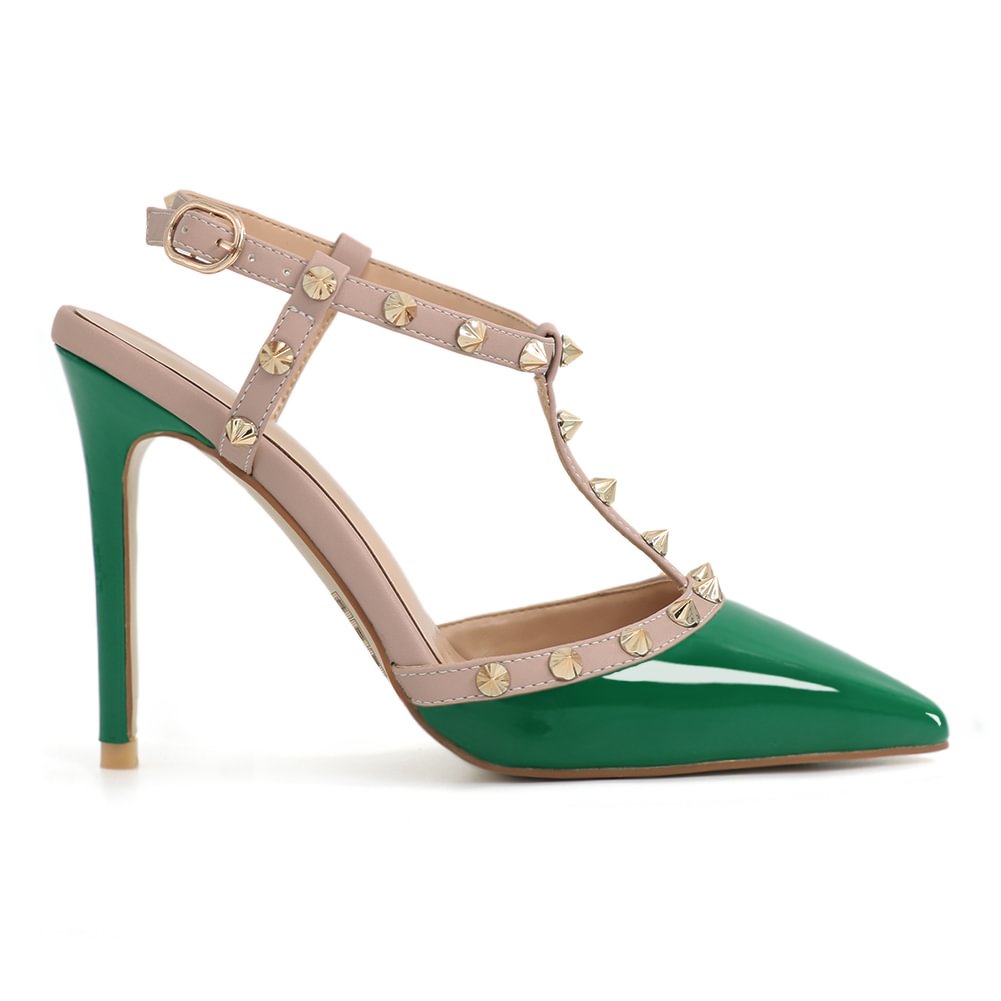 3.94" Heels Strap Sandals with Pointed Rivets for Women Slingback Pumps Closed Toe Green Sandals-vocosishoes