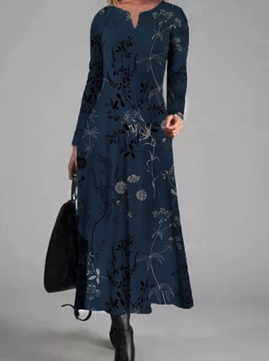 Floral Print V-neck Long-sleeved Maxi Dress-Corachic