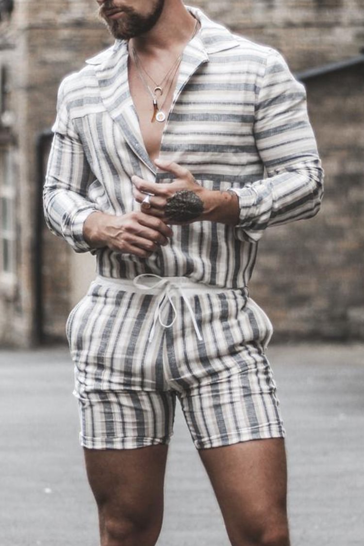 Tiboyz Fashion Outfits Stripe Shirt And Shorts Two Piece Set