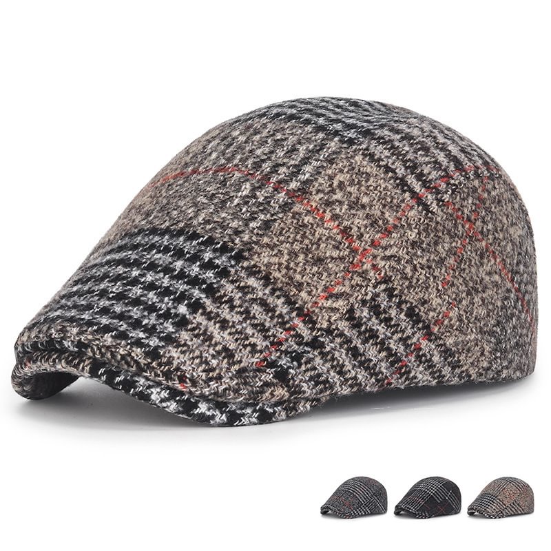 Men's 1940s fashion British red line plaid woolen beret / [viawink] /