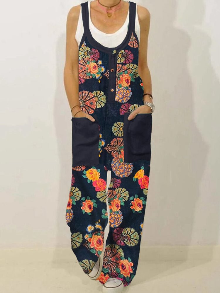 Women Cotton Linen Printed Straight Loose Casual Long Jumpsuit