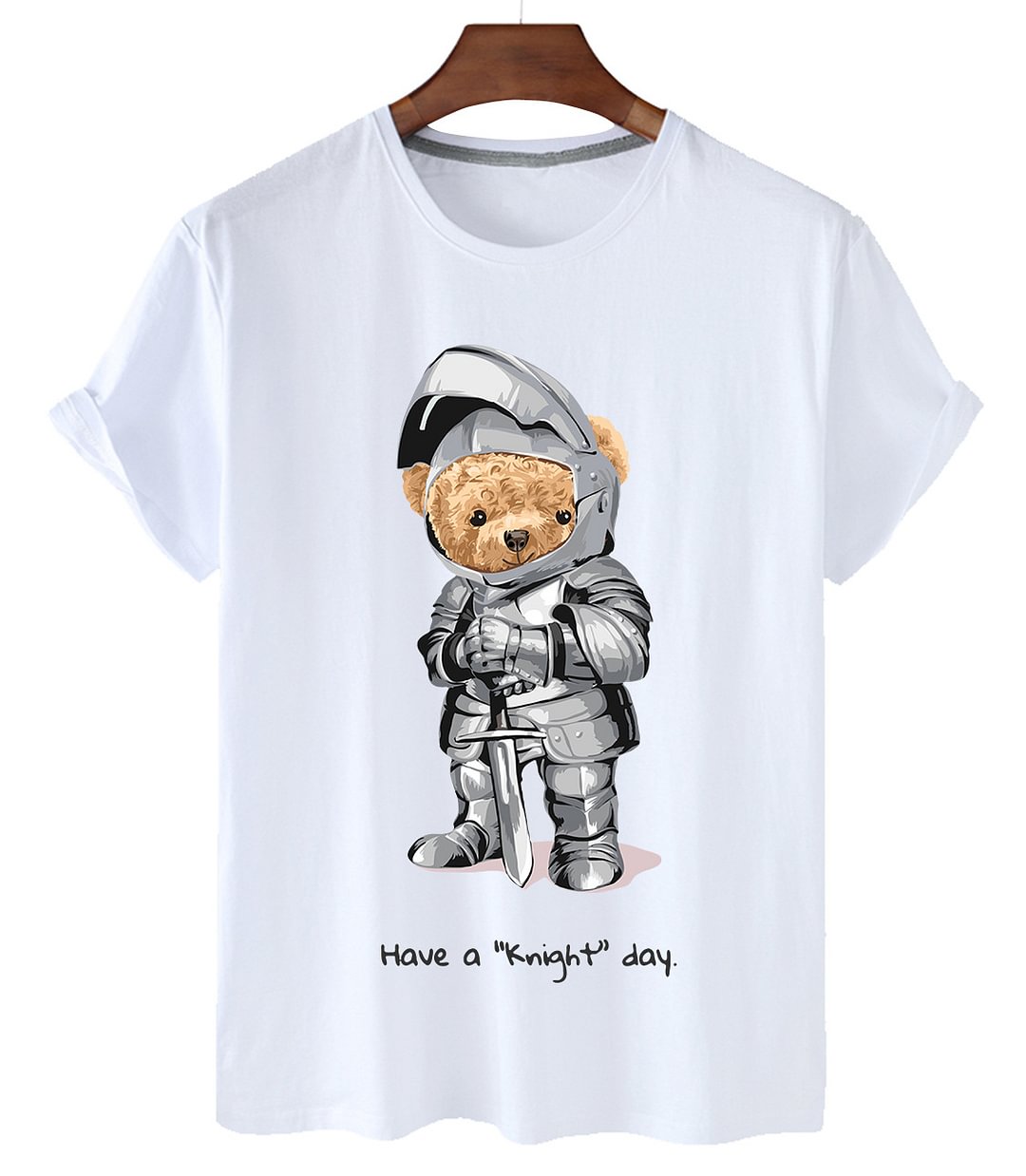 Fencing bear pattern loose round neck T-shirt