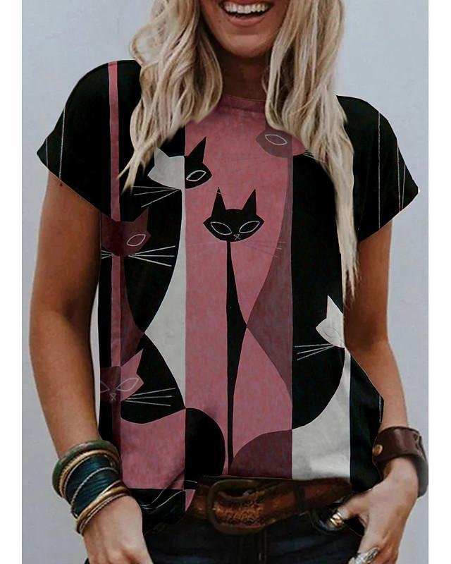 Women's T shirt Cat Graphic Print Round Neck Tops Basic Basic Top Blushing Pink-Corachic