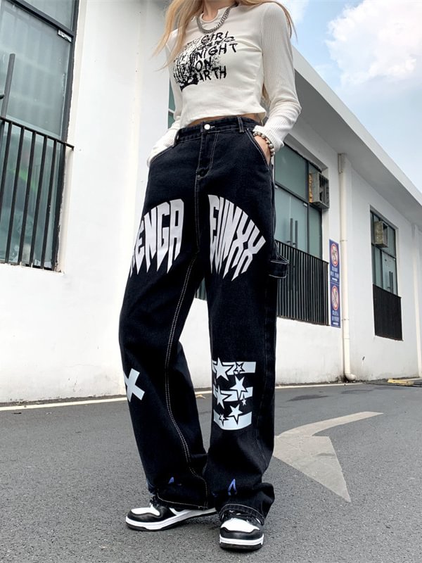 Street Fashion Letter Graphic Printed Loose Straight Pants