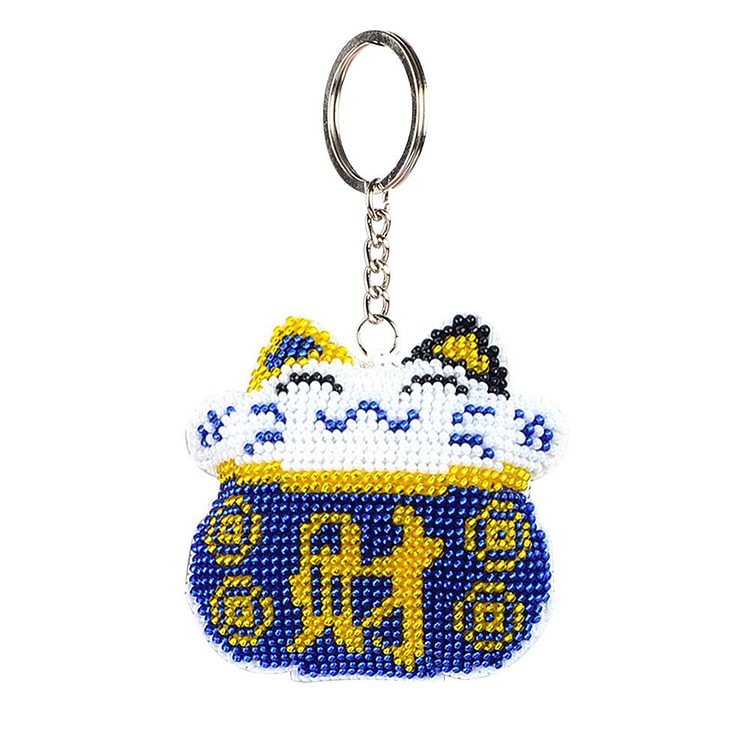 Blue Lucky Cat - Bead Embroidery - Keychain