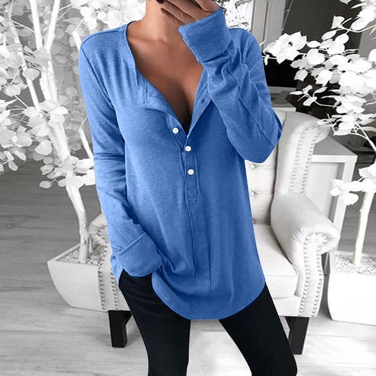Fashion Long Sleeve V-neck Solid Color Button T-Shirt