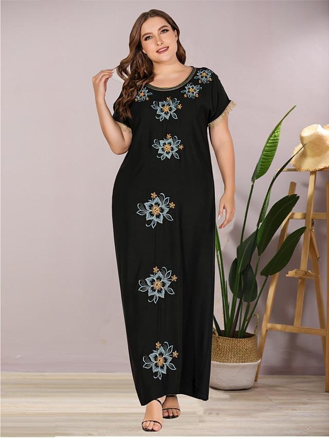 Women's Plus Size Maxi Shift Dress - Short Sleeves Solid Color Lace Embroidered Summer Casual Elegant Daily Going out Loose 2020 Black L XL XXL XXXL-Corachic