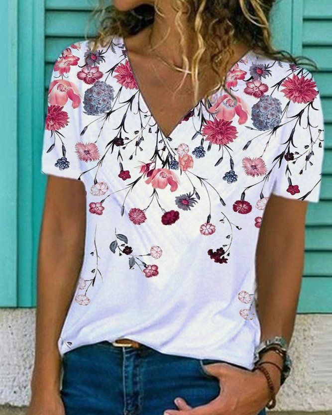 Floral Casual Short Sleeve Shift Shirts & Tops