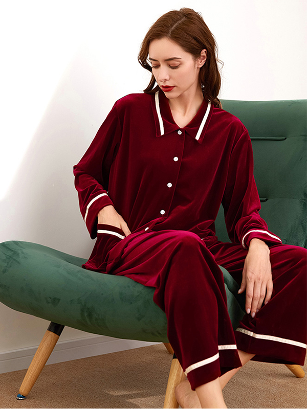 Classic White Piping Velvet Silk Pajamas For Women Red