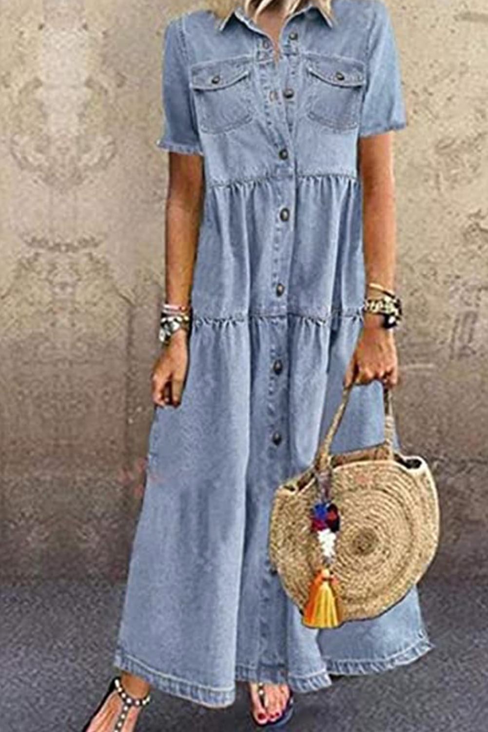 Sky Blue Women's Dresses Denim Button-up Maxi Dress LC615747-4