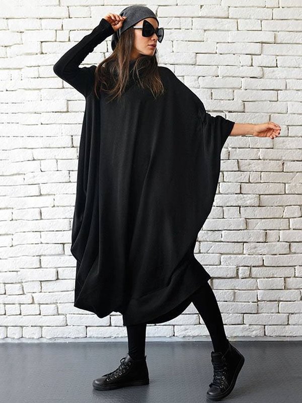 Black Batwing Sleeve Heaps Collar Asymmetric Midi Dress