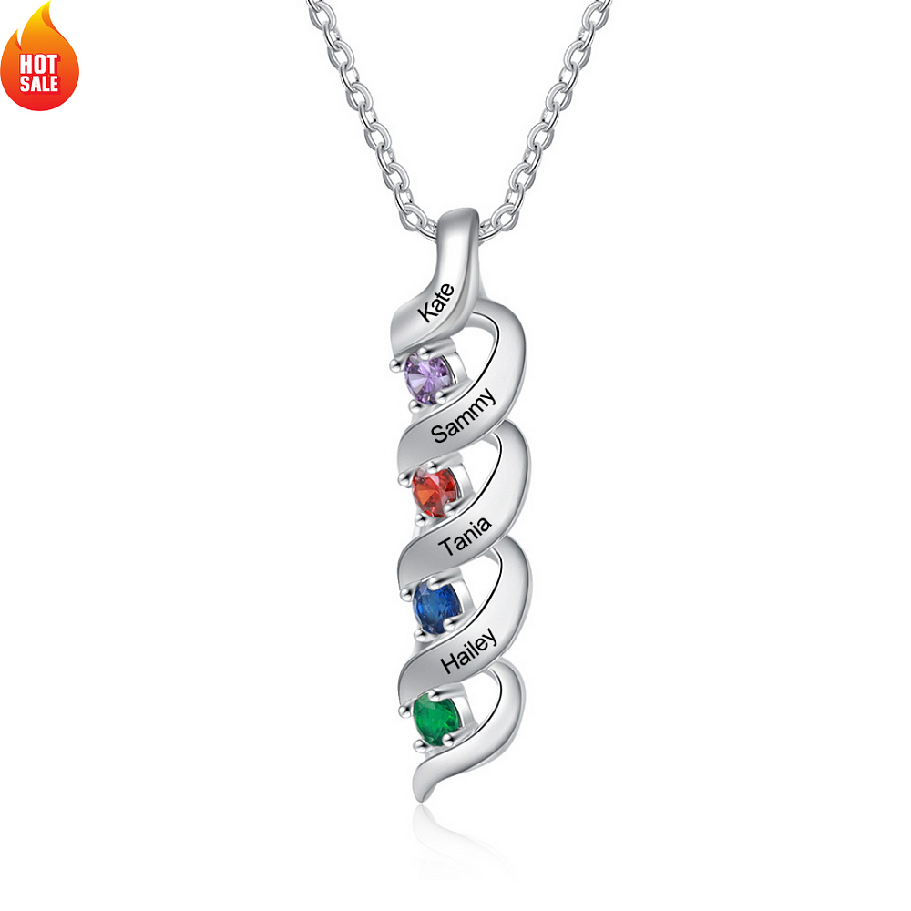S925 Silber Personalisierte 4 Namen DNA Halskette mit 4 Geburtssteinen n4-b4 Kettenmachen