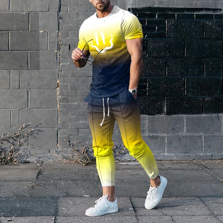 BrosWear Gradient Yellow Blue T-Shirt And Pants Two Piece Set