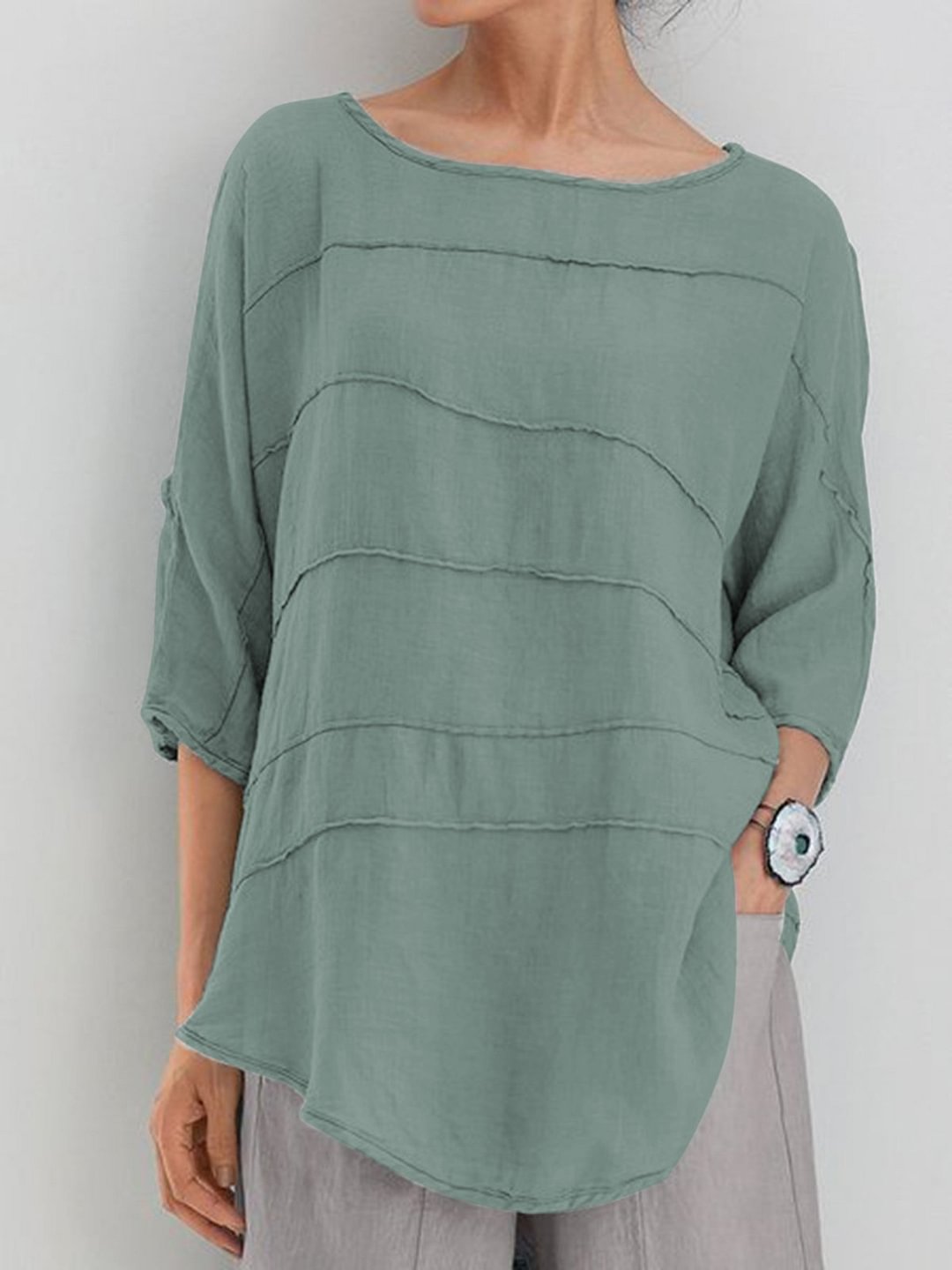 Summer Tops 3/4 Batwing Sleeves Round Neck Solid Blouses-Corachic