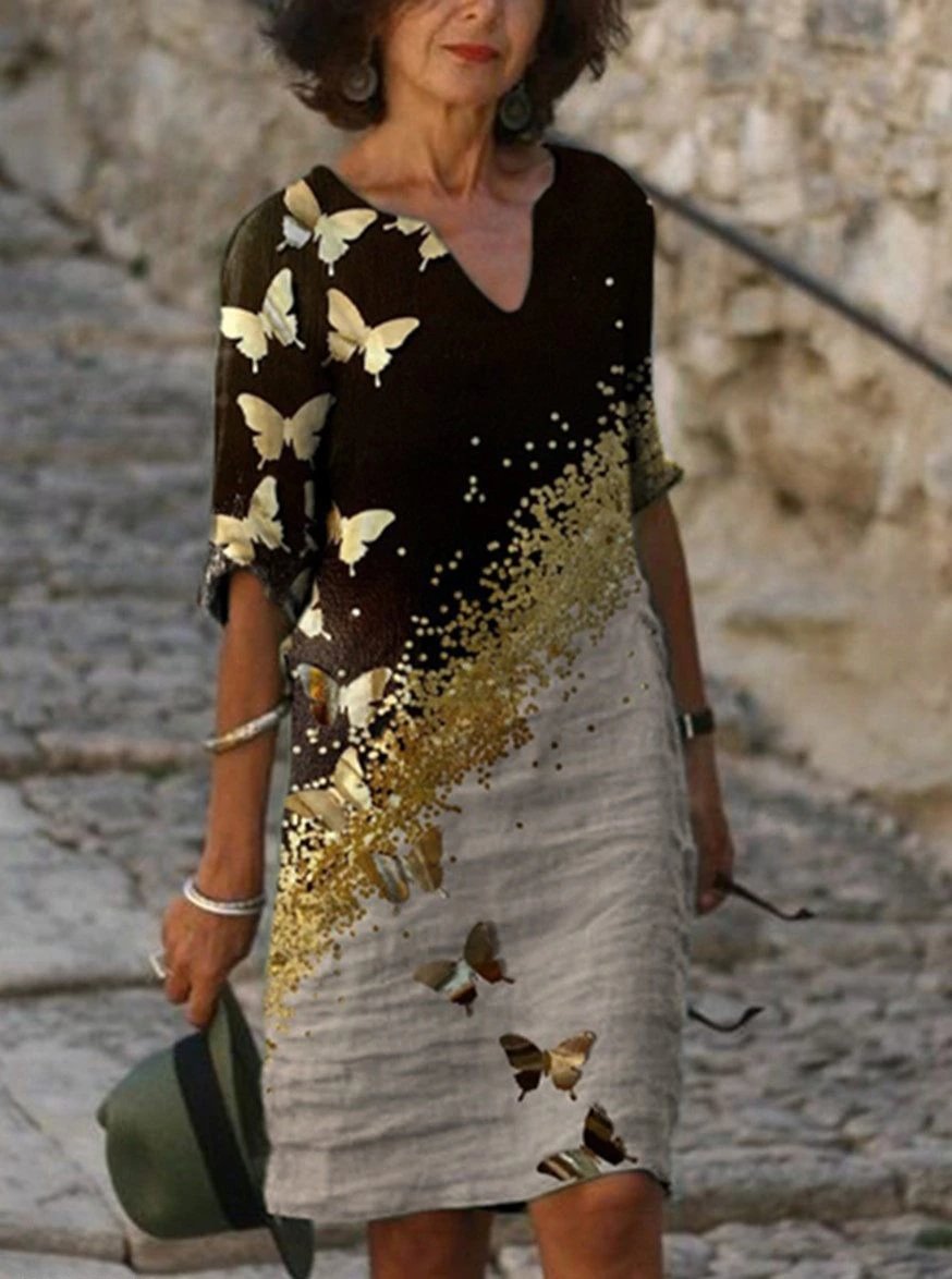 Fashion V-neck Short-sleeved Butterfly Print Dress-Corachic