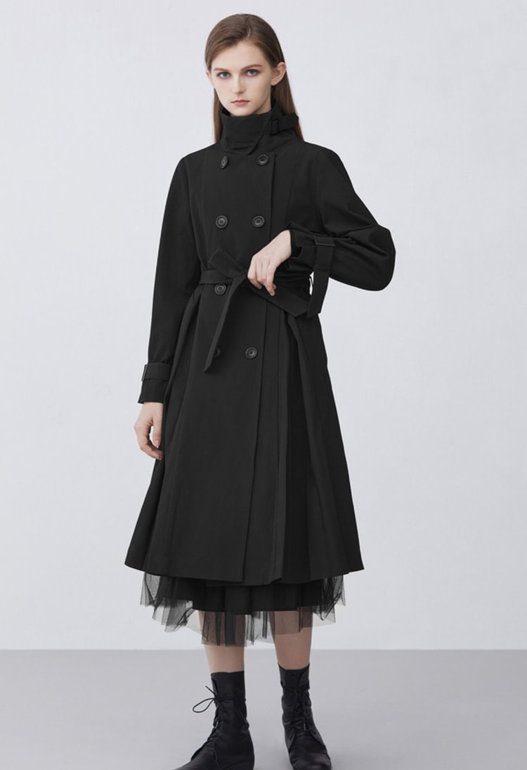 S.DEERFashion stand collar waist double-breasted pleated long trench coat S21381801