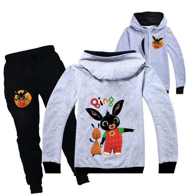 Mayoulove Bing Bunny Print Girls Boys Zip Up Cotton Hoodie Sweatpants Tracksuit-Mayoulove