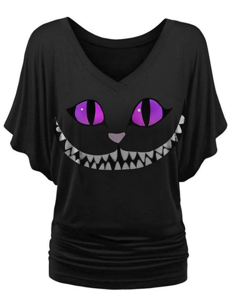 Casual V Neck Cat Face Printed Short Sleeve Top