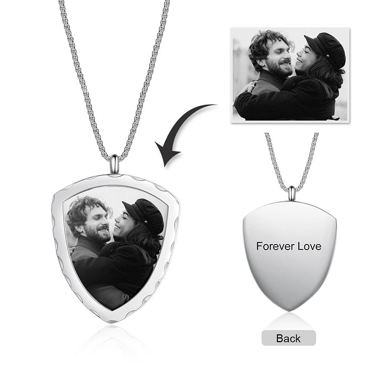 Shield Picture Engraved Tag Necklace With Engraving Silver, Custom Necklace with Picture and Text