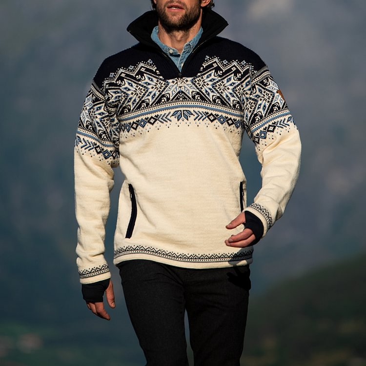 BrosWear Zip Up Collar Tribal Vintage Long Sleeve Sweater