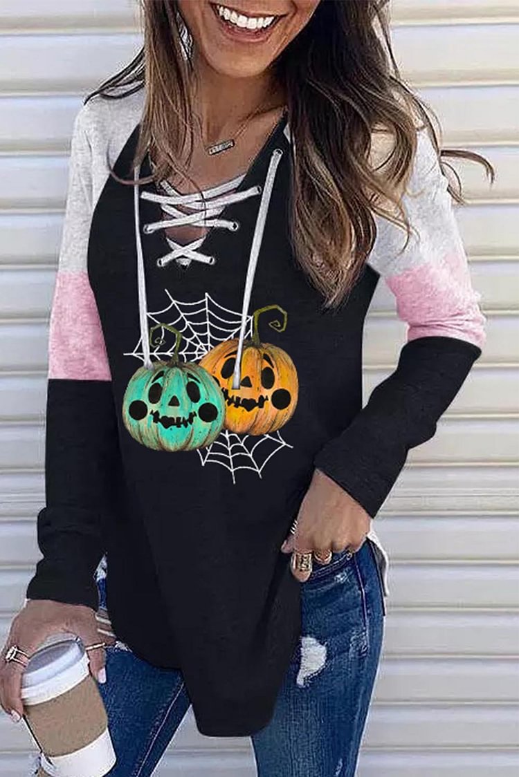 Women's Pullovers Pumpkin Criss Cross Color Block Pullover-Mayoulove