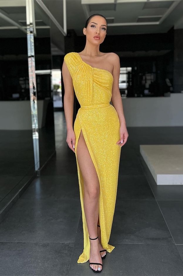 Luluslly Yellow One Shoulder Sequins Prom Dress Mermaid With Slit