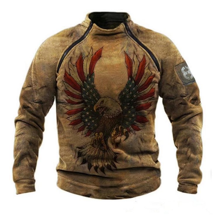 BrosWear Men's Zipper Stand Collar Plus Fleece American Eagle Print Casual Sport Sweatshirt Brown