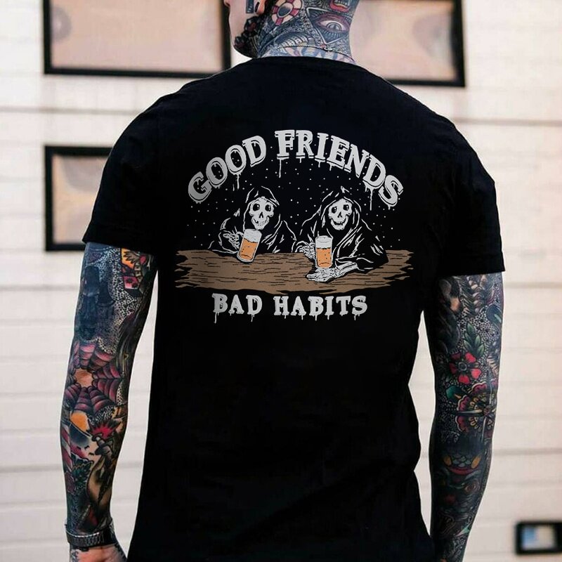 Cloeinc   Good Friends Bad Habits Drunk Skeletons Print T-shirt - Cloeinc