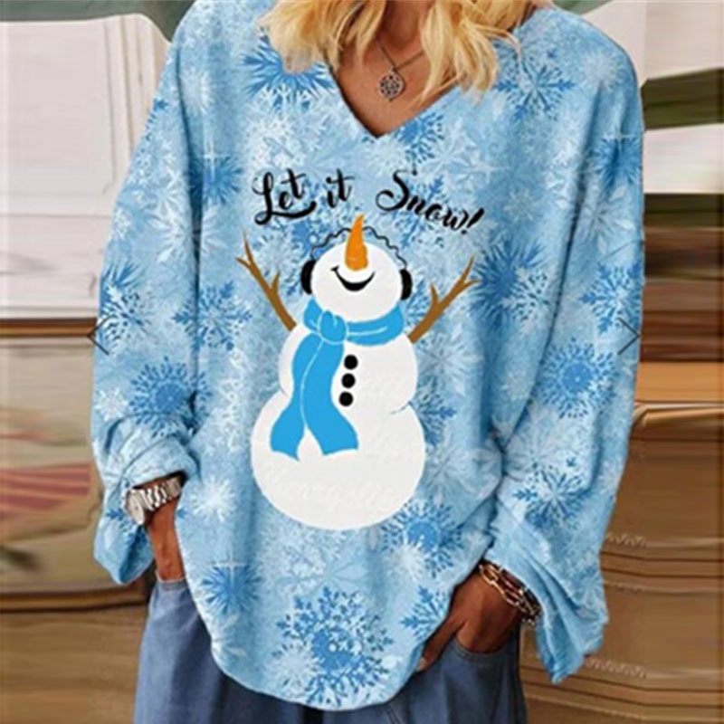Let It Snow! Christmas Snowman Print Blue Tees