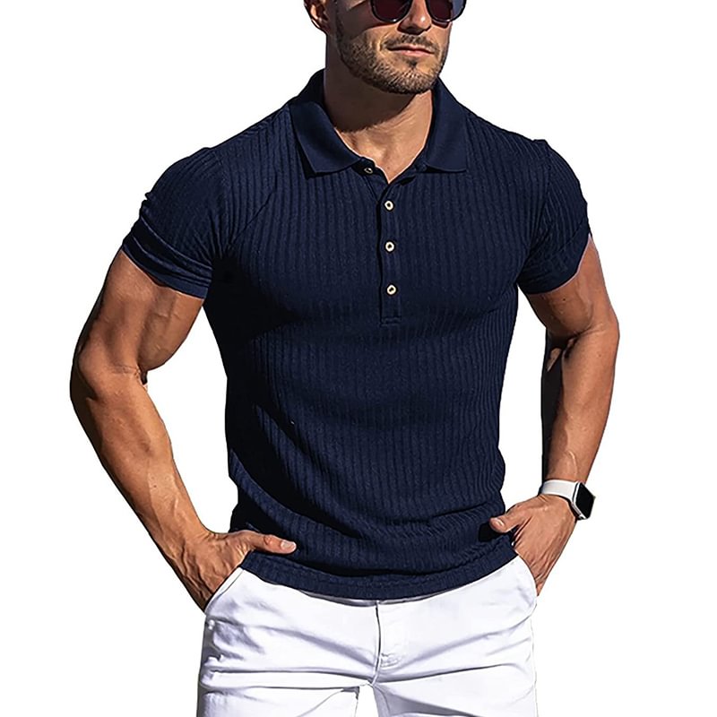 Summer Solid Color Short Sleeved Stripe Fitness Men's Polo Shirts-VESSFUL