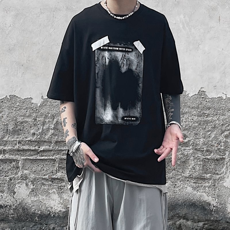 Harajuku-style Shadow Letter Print Crew Neck Short Sleeve T-Shirt / Techwear Club / Techwear