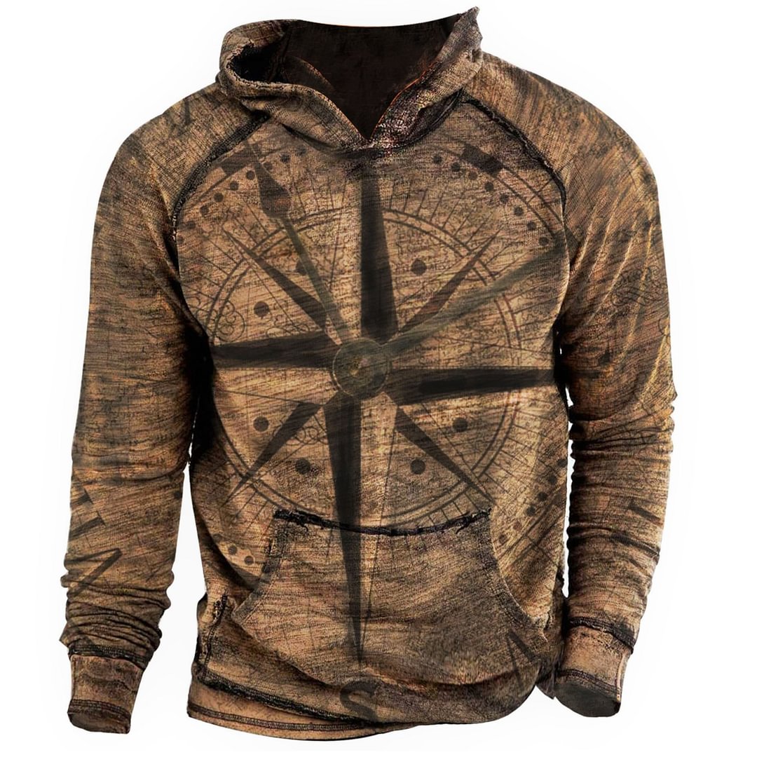 Men's Outdoor Windproof Compass Print Distressed Hoodie Sweatshirts / [viawink] /