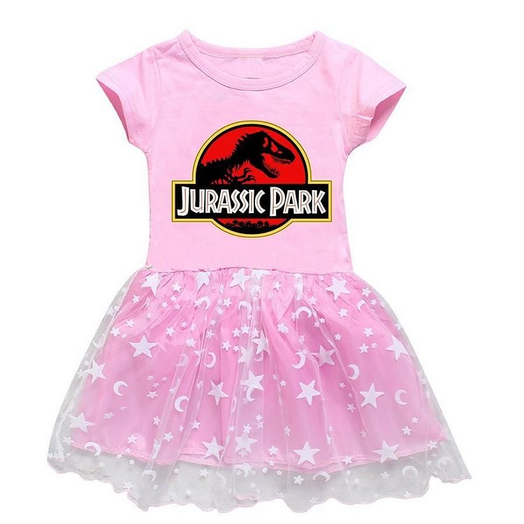 Jurassic Park Print Girls Short Sleeve Cotton Moon Star Tulle Dress-Mayoulove