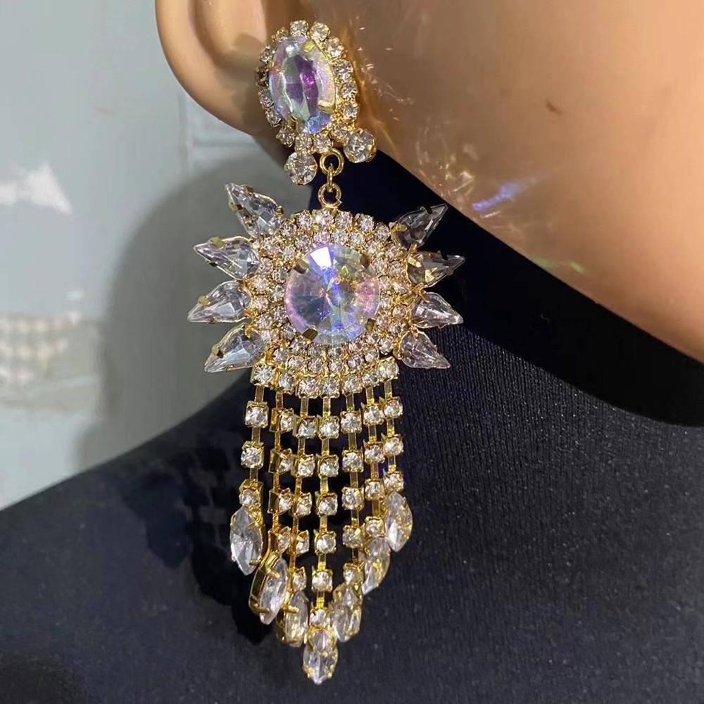 Big Rhinestone Tassel Drop Earrings Gorgeous Jewelry-VESSFUL