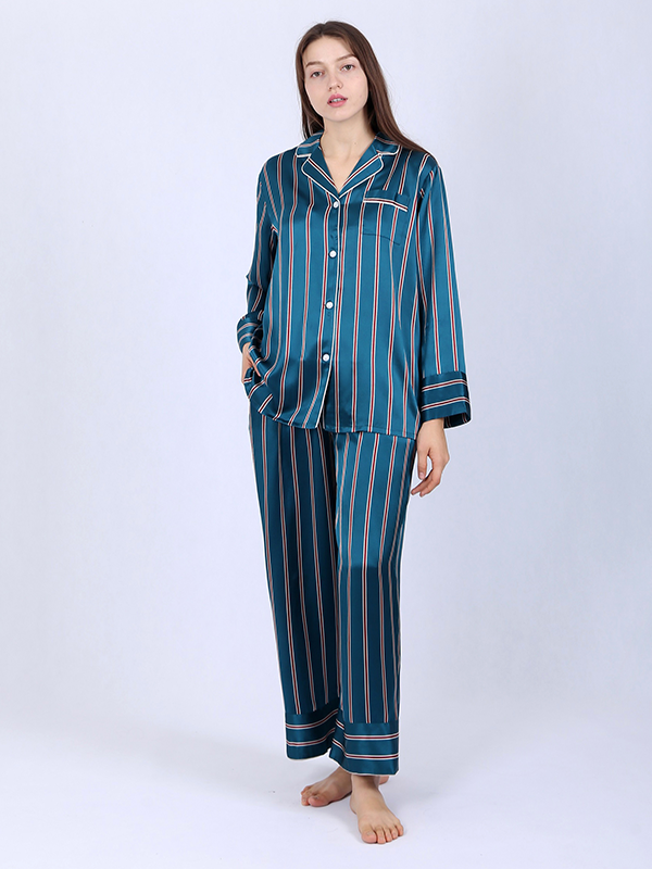 19 Momme Pyjama en soie rayure bleu paon 1