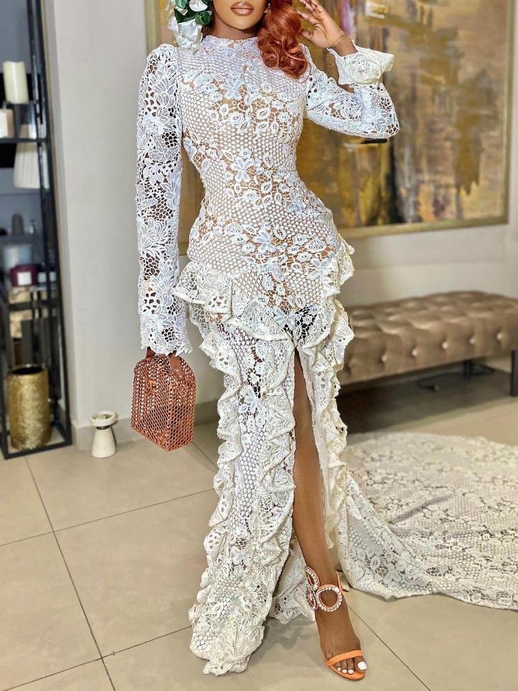 Hollow lace round neck long sleeve front slit mopping ruffle hem evening dress