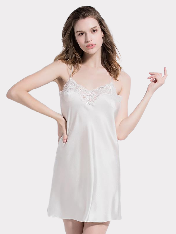 19 Momme White Lace Mulberry Silk Nightgown-Real Silk Life