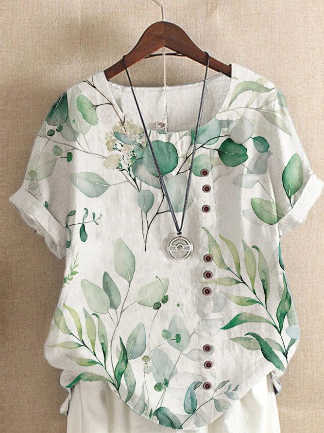 Round Neck Leaves Buttoned Casual Blouse
