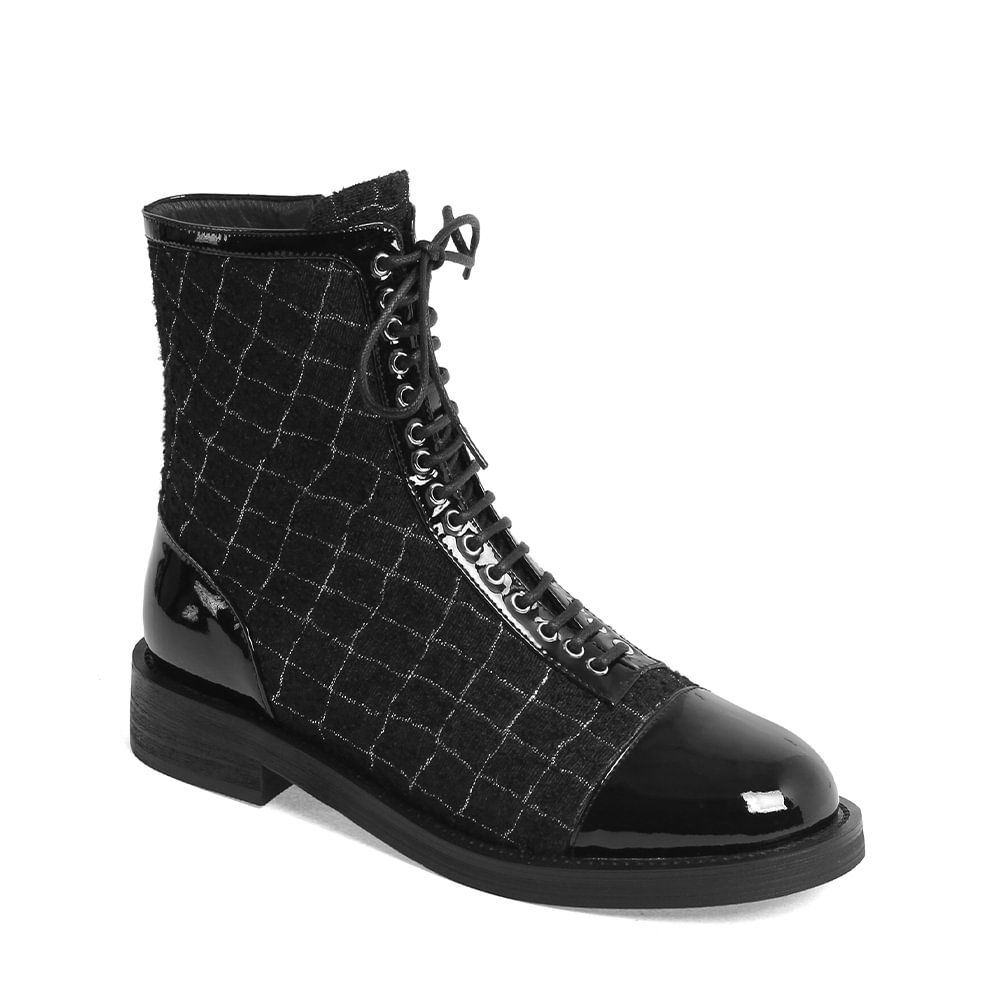 35mm Square Lattice Pattern Leather Women Ankle Boots-vocosishoes